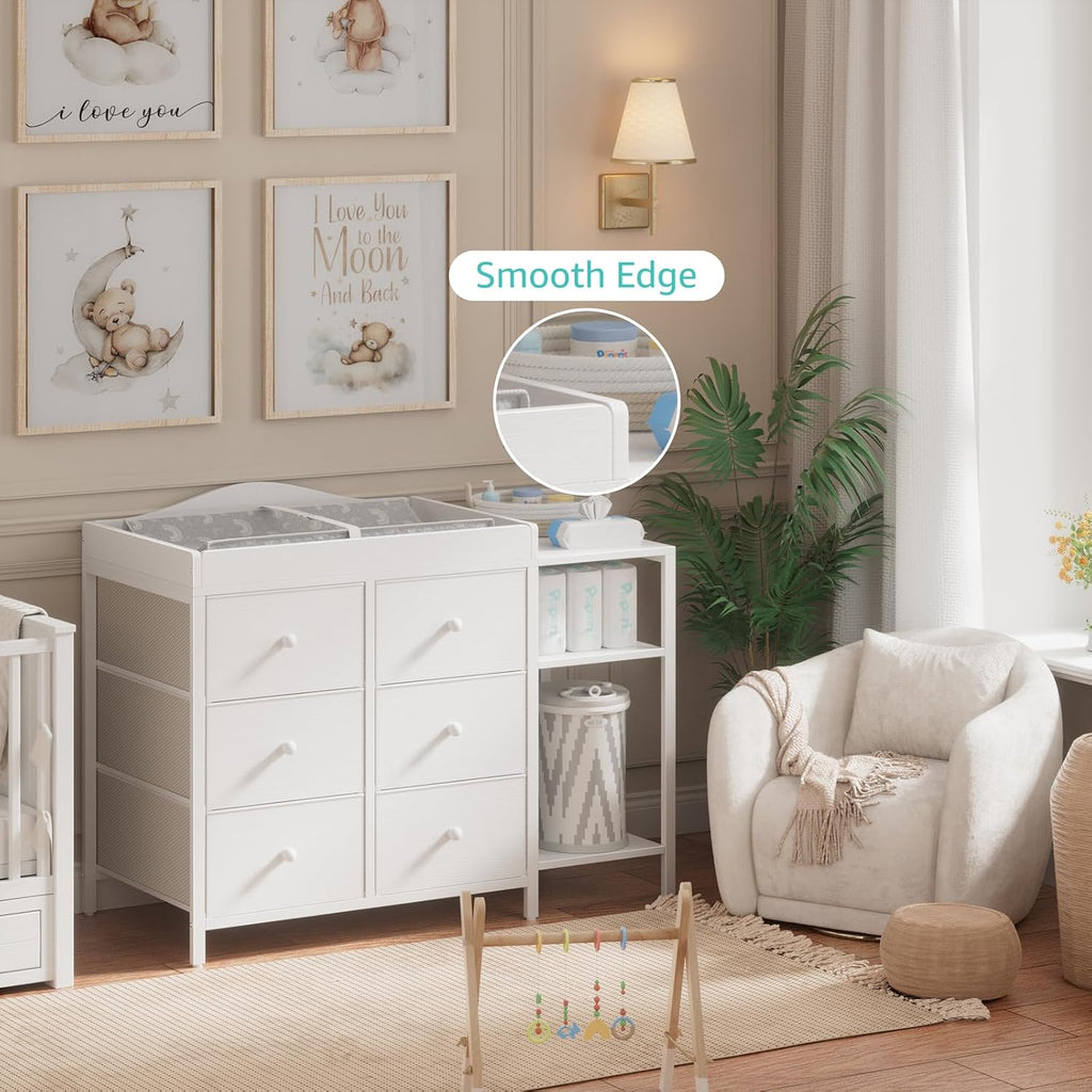 BOLUO Baby Dresser with Changing Table Top, White Changing Table Dresser with 6 Fabric Drawers Diaper Changing Station with Storage Shelf for Nursery Modern