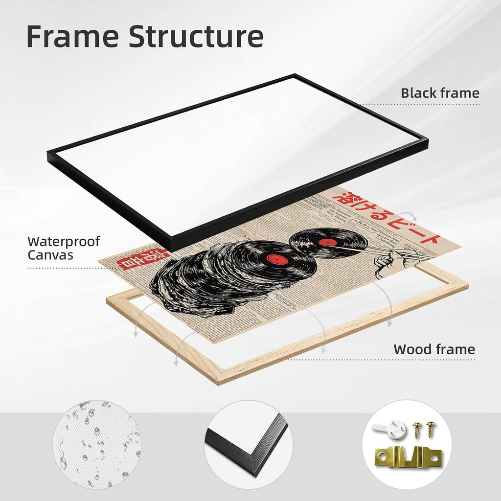 RINMFEO Japanese Retro Music Canvas Art Vintage Melting Vinyl Record Newspaper Print Abstract Beat Poster Funny Aesthetic Wall Decor For Home Bedroom Dorm 24x36inch Black frame