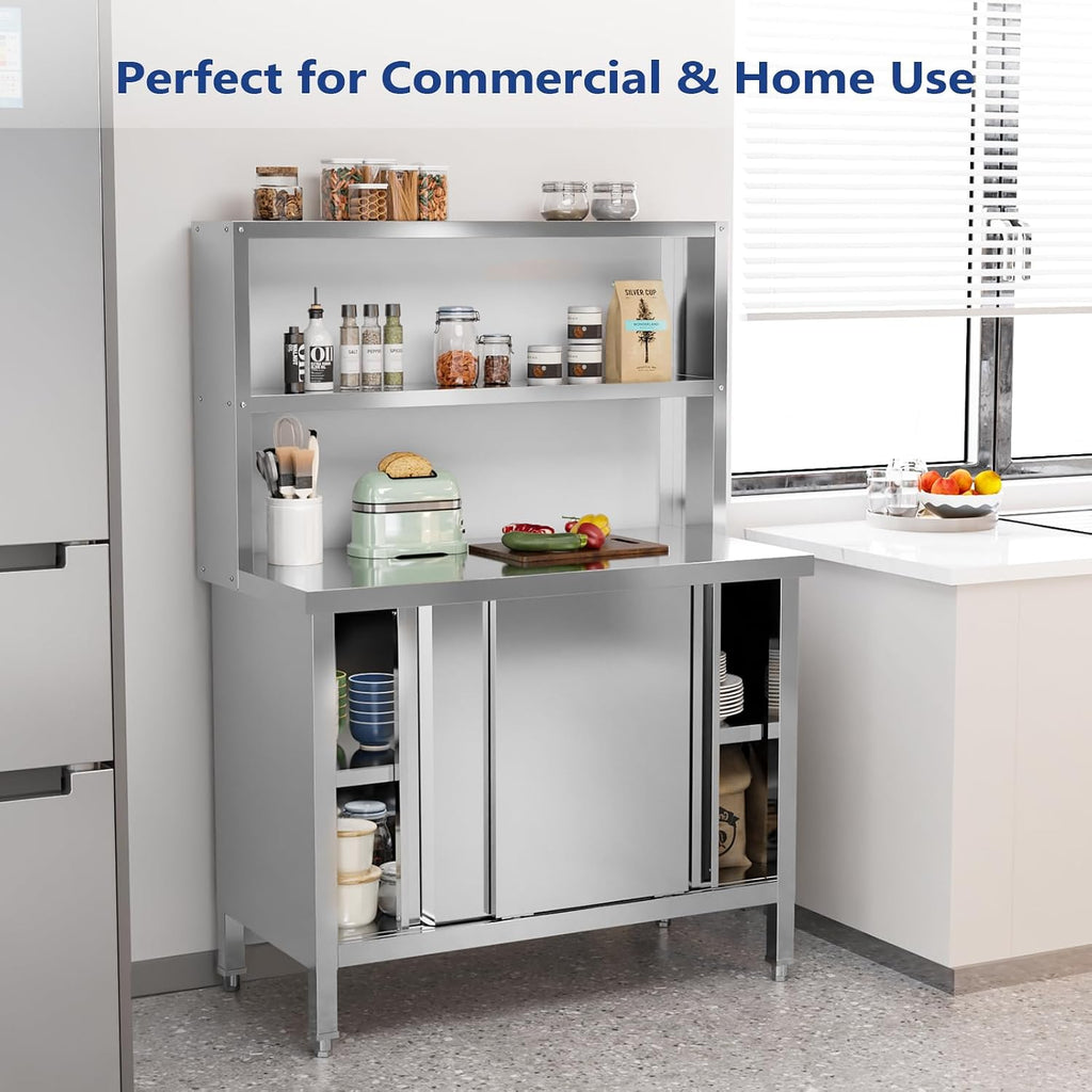 ROVSUN All Stainless Steel Table with Overshelves 39' X 19', NSF Commercial Heavy Duty Pre Table with Large Space Storage Cabinet for Kitchen Restaurant Hotel Garages