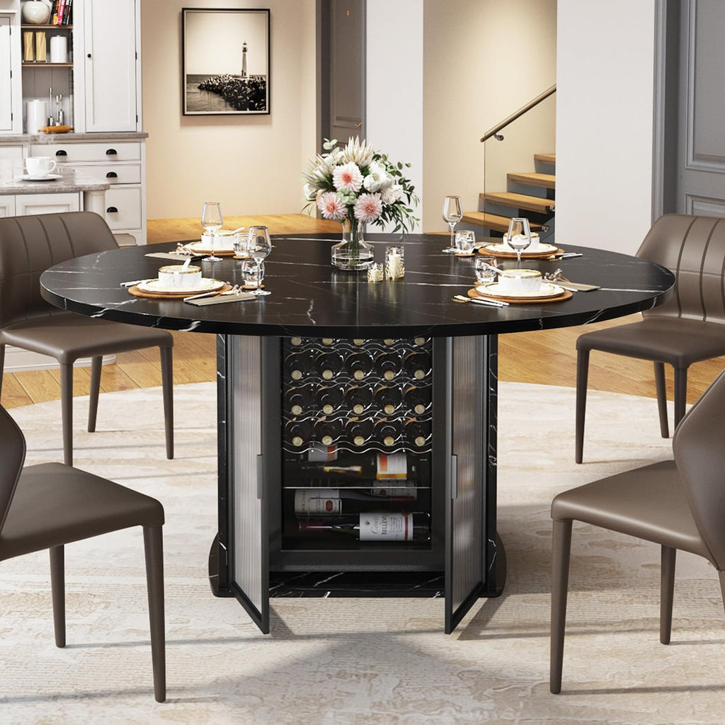 IBF Round Dining Table with Storage, Black Faux Marble Kitchen Tables for 4-6 People, 47' Modern Dining Room Tables with Fridge Space, Wood Circle Dinner Table for Home, Black Marble, Only Table