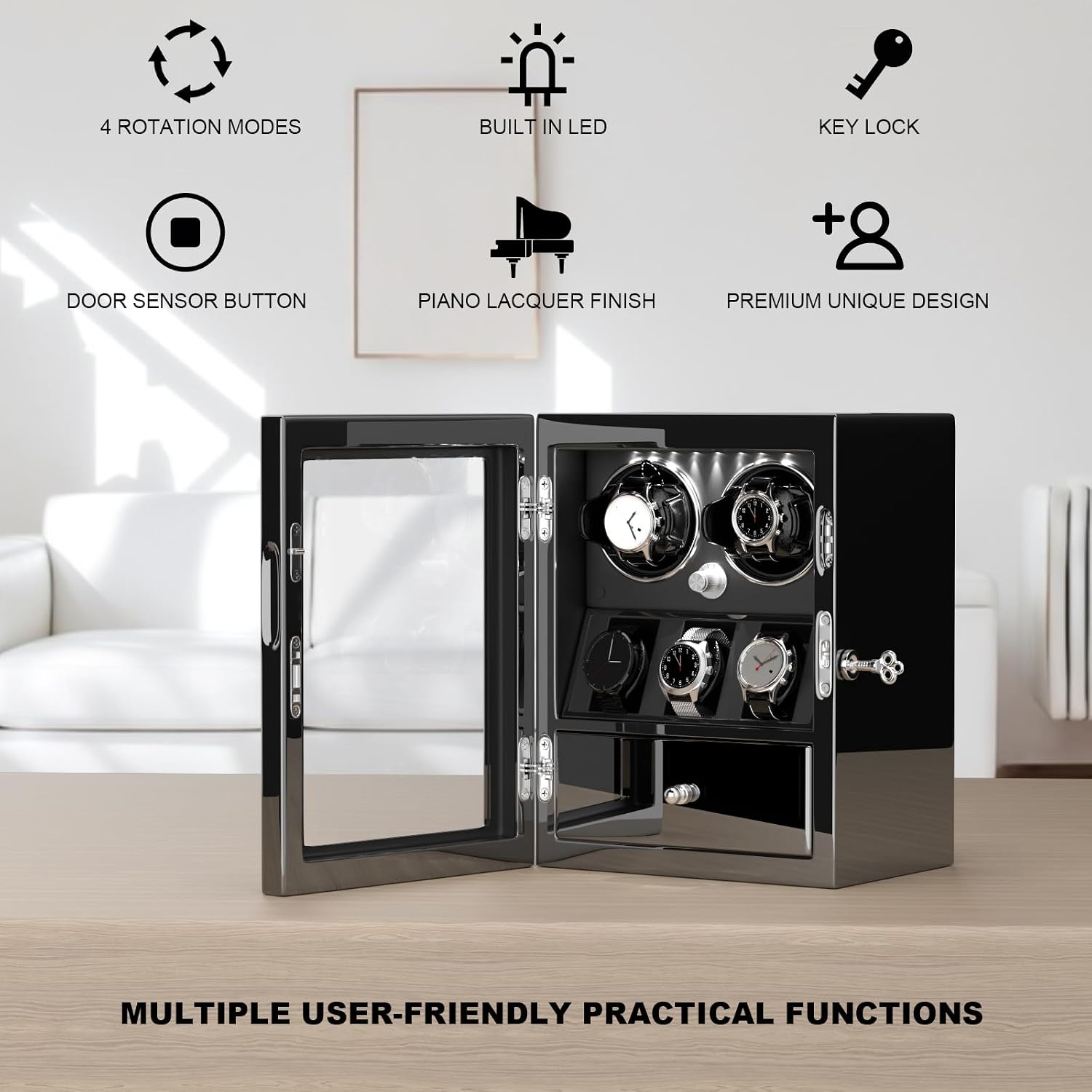 DUKWIN Watch Winder for 4/6/8 Automatic Watches, Lockable Winders with Watch Holders and Jewelry Storage, Super Quiet Motor with High-Gloss Finish, Built-in Illumination