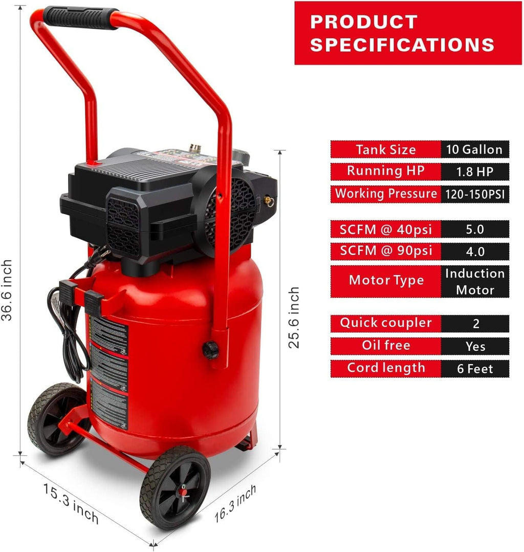 Craftsman Air Compressor 10-Gallon, Max 150 PSI, Peak 1.8 HP, Portable Air Compressor with Compact Size, Oil-free, 120 Volts, 4 CFM@90psi, 1400W for Spray Painting, Drilling, Auto Repair