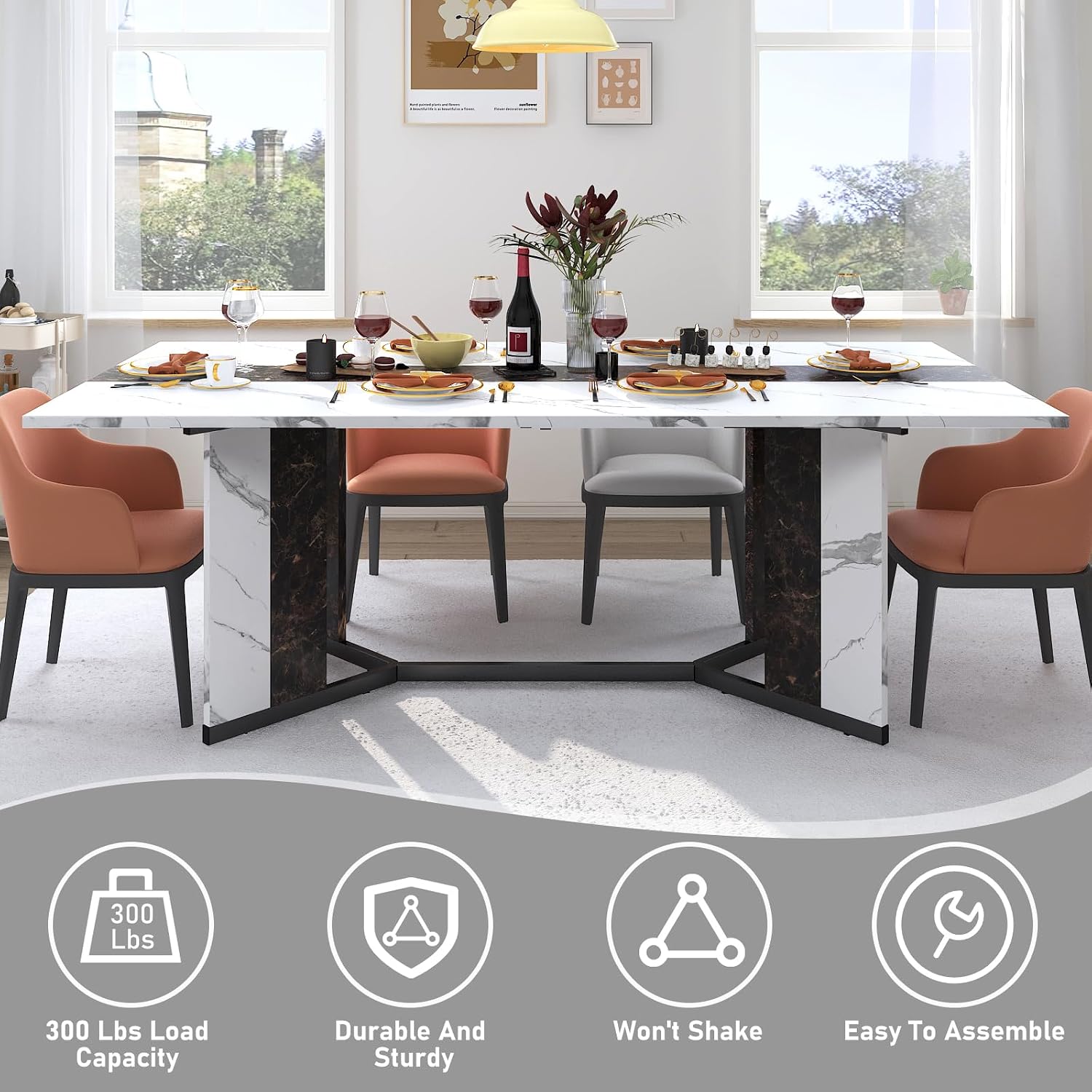 Hlivelood 70Inch Large Dining Table for 4 6 People,Wooden Rectangular Kitchen Table W/Waterproof Tabletop,Large Rectangle Furniture W/Adjustable Legs,White Dinner Table for Kitchen Dining Room(71IN)