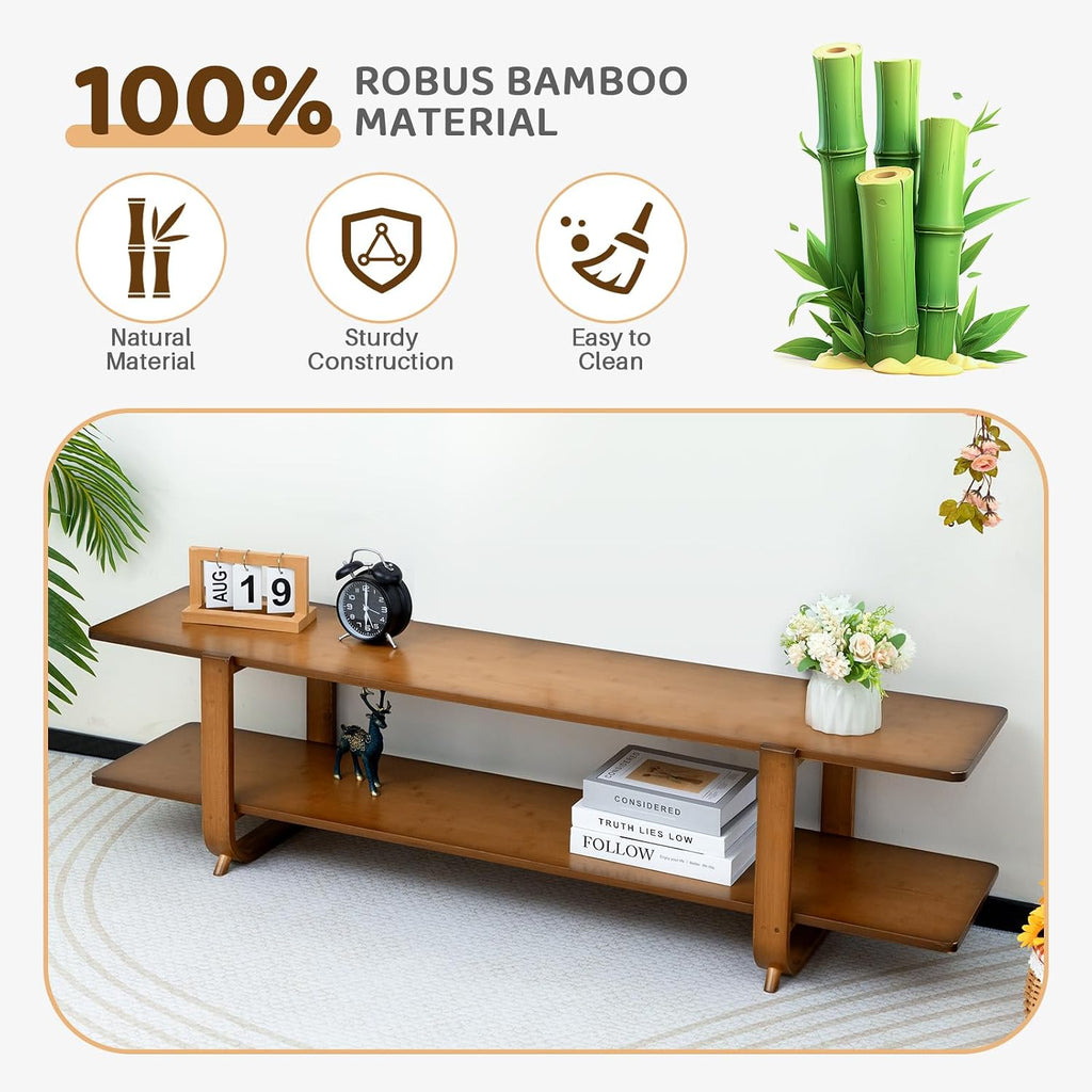 HollyHOME Bamboo TV Stand with Storage for TVs up to 65'', Modern Entertainment Center with 2 Open Shelf, Accent TV Media Console Table for Living Room, Bedroom, 55'(L), Walnut