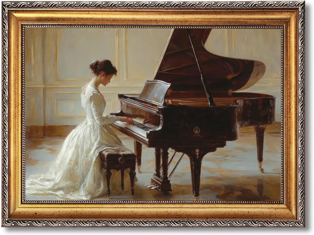 Large Framed Victorian Serenade Oil Painting Wall Art Romantic Woman Playing Piano Canvas Print Vintage Female Poster Elegant Victorian Era Artwork Picture Decor for Bedroom Living Room 24x36inch