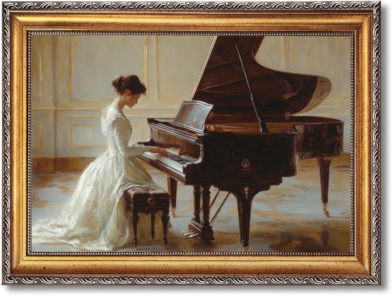 Large Framed Victorian Serenade Oil Painting Wall Art Romantic Woman Playing Piano Canvas Print Vintage Female Poster Elegant Victorian Era Artwork Picture Decor for Bedroom Living Room 24x36inch