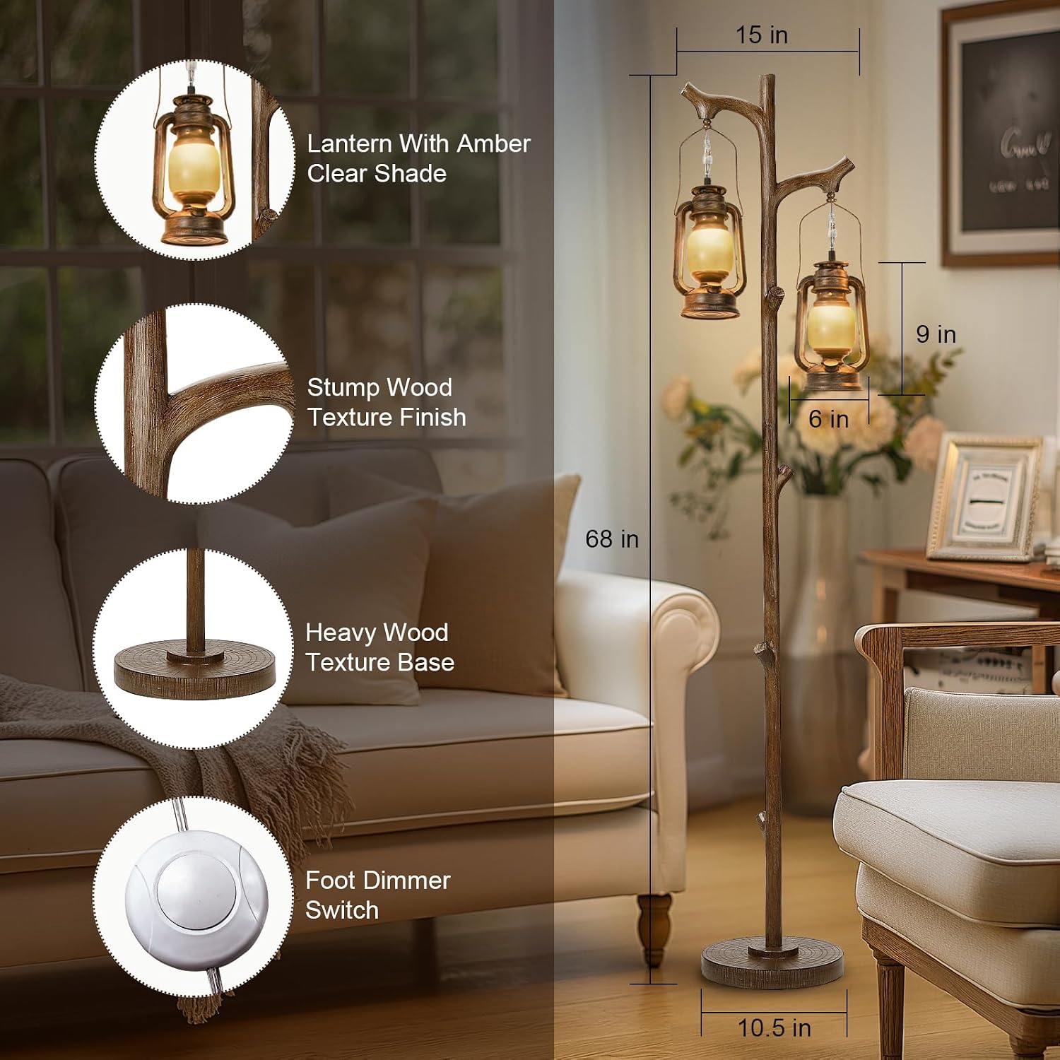 68' Rustic Farmhouse Tree Trunk Floor Lamp Country Brown Finish Wood Vintage Standing Tall Lamp With lantern Stepless Dimmable Industrial floor Lamp Decor for Bedroom Living Room Office Hotel