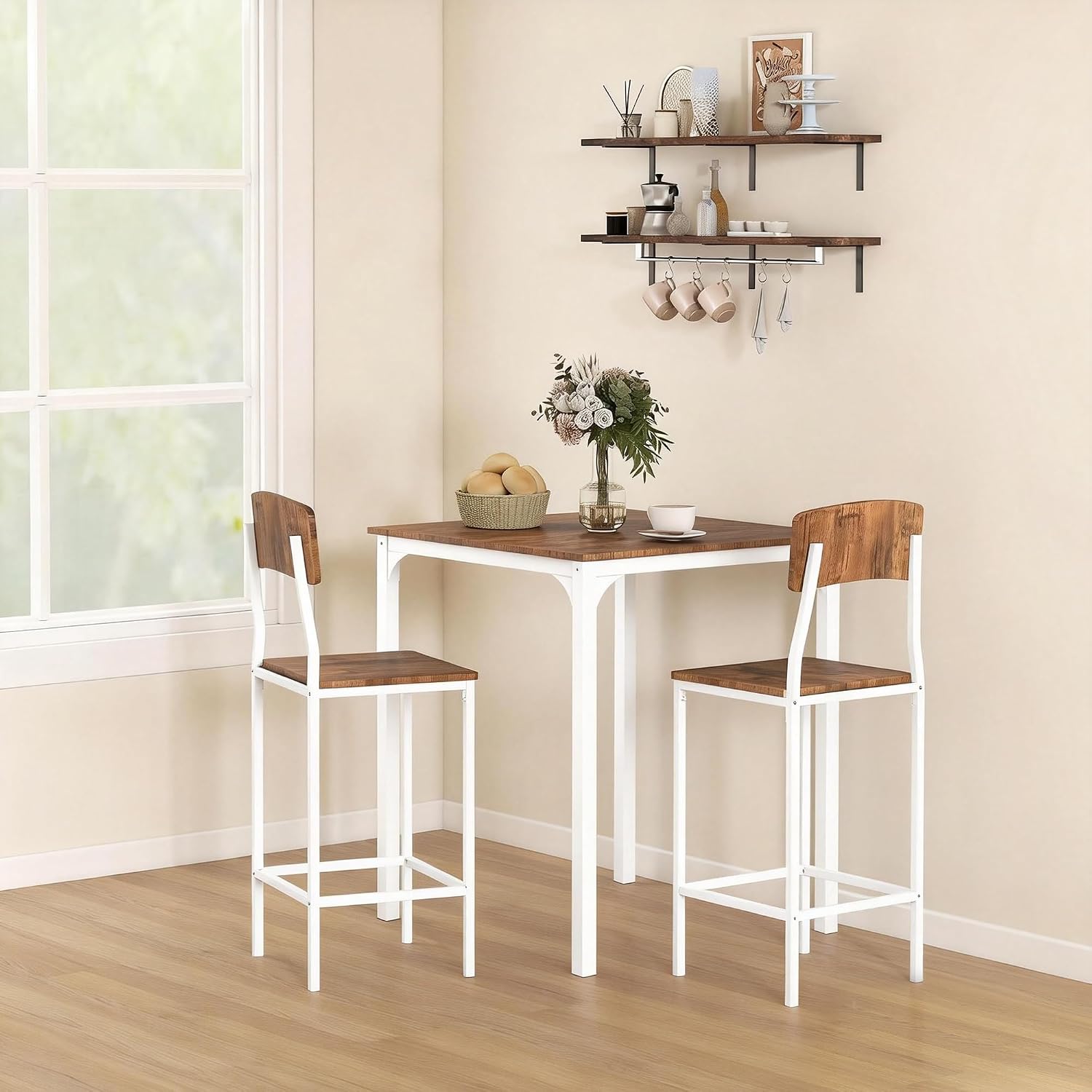 HOMCOM 3-Piece Counter Height Bar Table with Space-Saving Design, Square Kitchen Table and Chairs Set with Footrest, Metal Legs, Industrial Dining Table Set for 2, Walnut and White