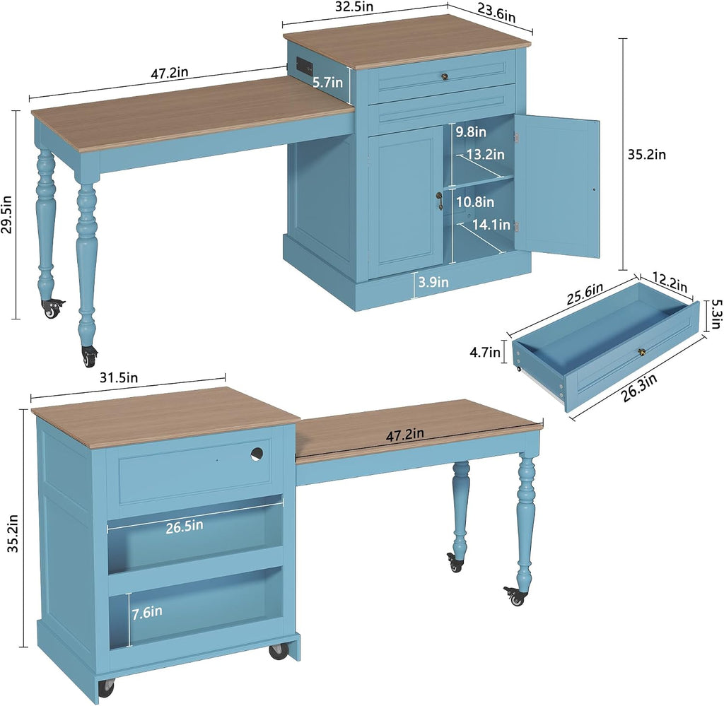 HLR 72' Kitchen Island with Extendable Table for 2-4, Island Table for Kitchen with Power Outlet and Storage Slide Out Legs, Rolling Islands Cart with 2 Doors (Blue)