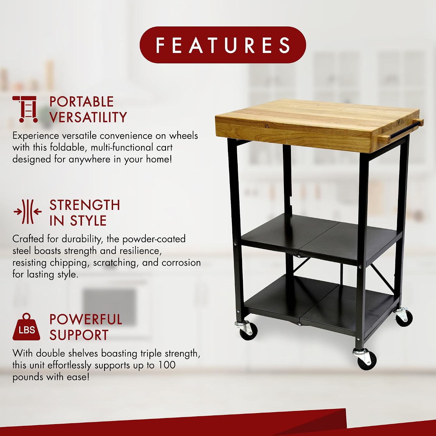 Origami Folding Kitchen Cart on Wheels | for Chefs Outdoor Coffee Wine and Food, Microwave Cart, Kitchen Island on Wheels, Rolling Cart, Kitchen Appliance & Utility Cart | Black with Wood
