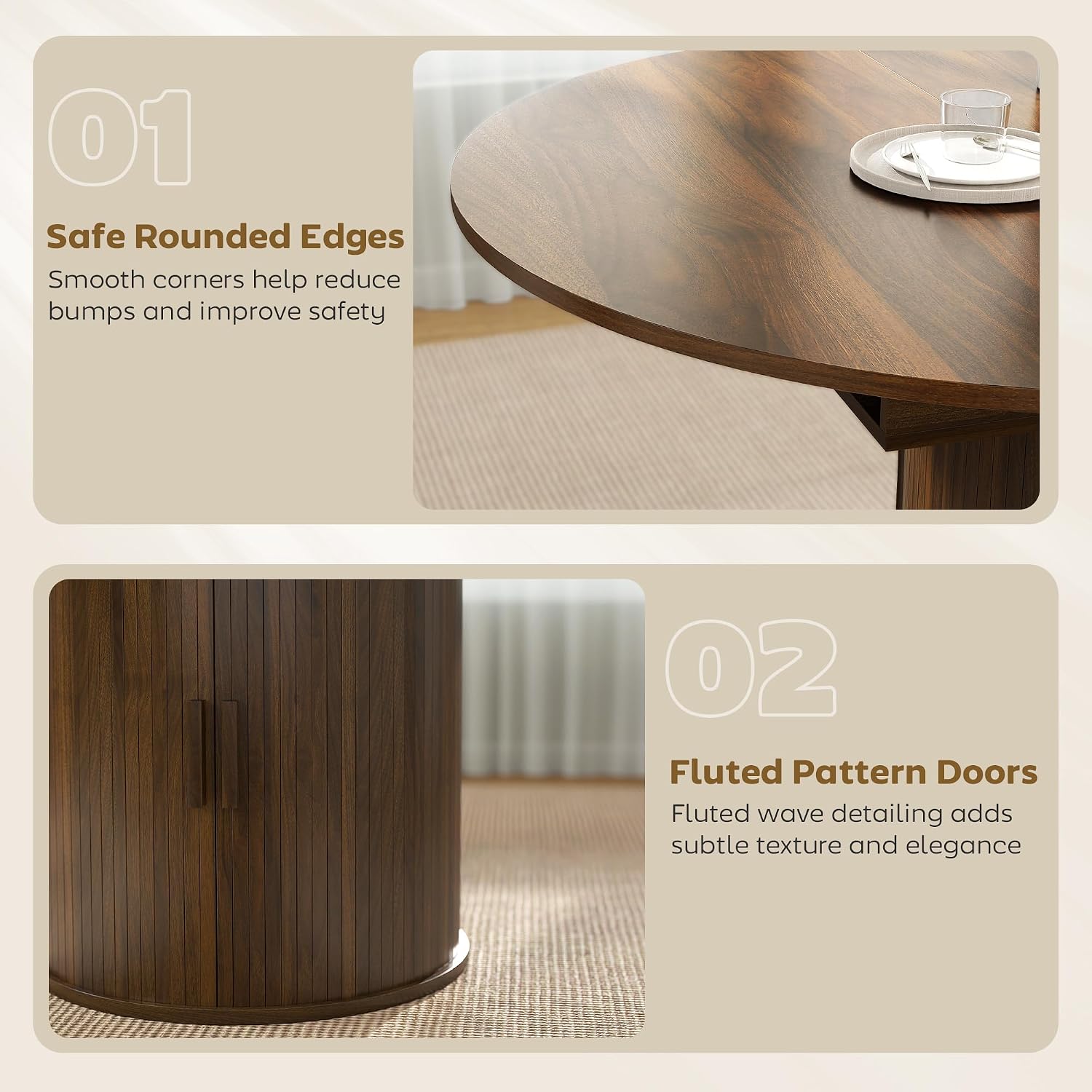 HOMCOM 43.3' to 59' Extendable Round Dining Table for 4-6, Farmhouse Transformer Dining Room Table with Removable Leaves, Circle Kitchen Table with Sliding Doors, Kitchen, Living Room, Walnut
