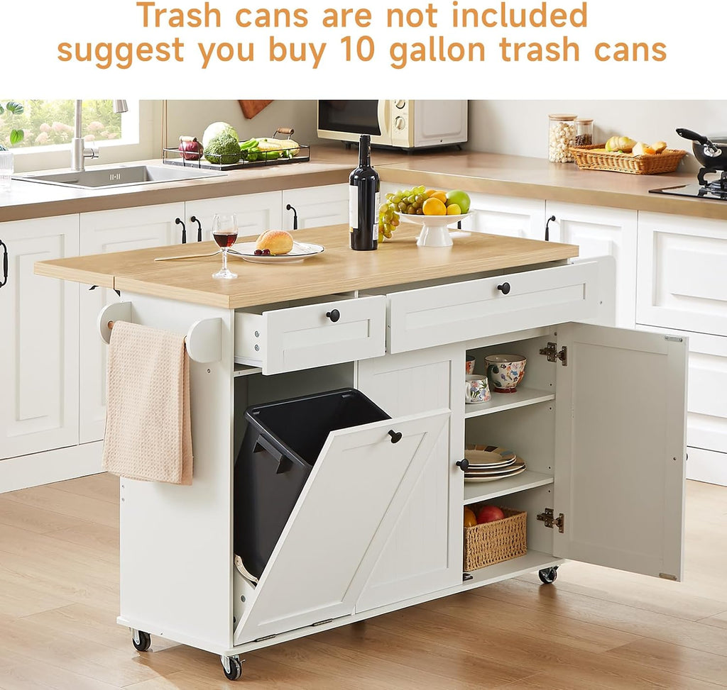 60' Kitchen Island with Power Outlet & Drop Leaf, Kitchen Rolling Island with Spice Rack & Towel Rack, Knife Holder, Kitchen Island Cart with Trash Storage Cabinet, Mobile Island Table for Kitchen