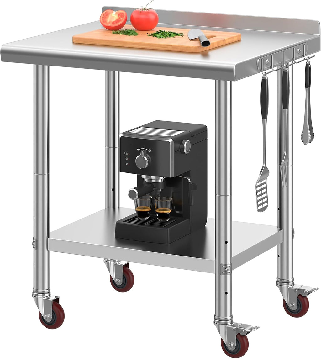 YITAHOME 30' x 24' Stainless Steel Table with Wheels for Prep & Work with Backsplash, NSF Metal Table Prep Table with Undershelf for Home Kitchen Restaurant Garage Warehouse