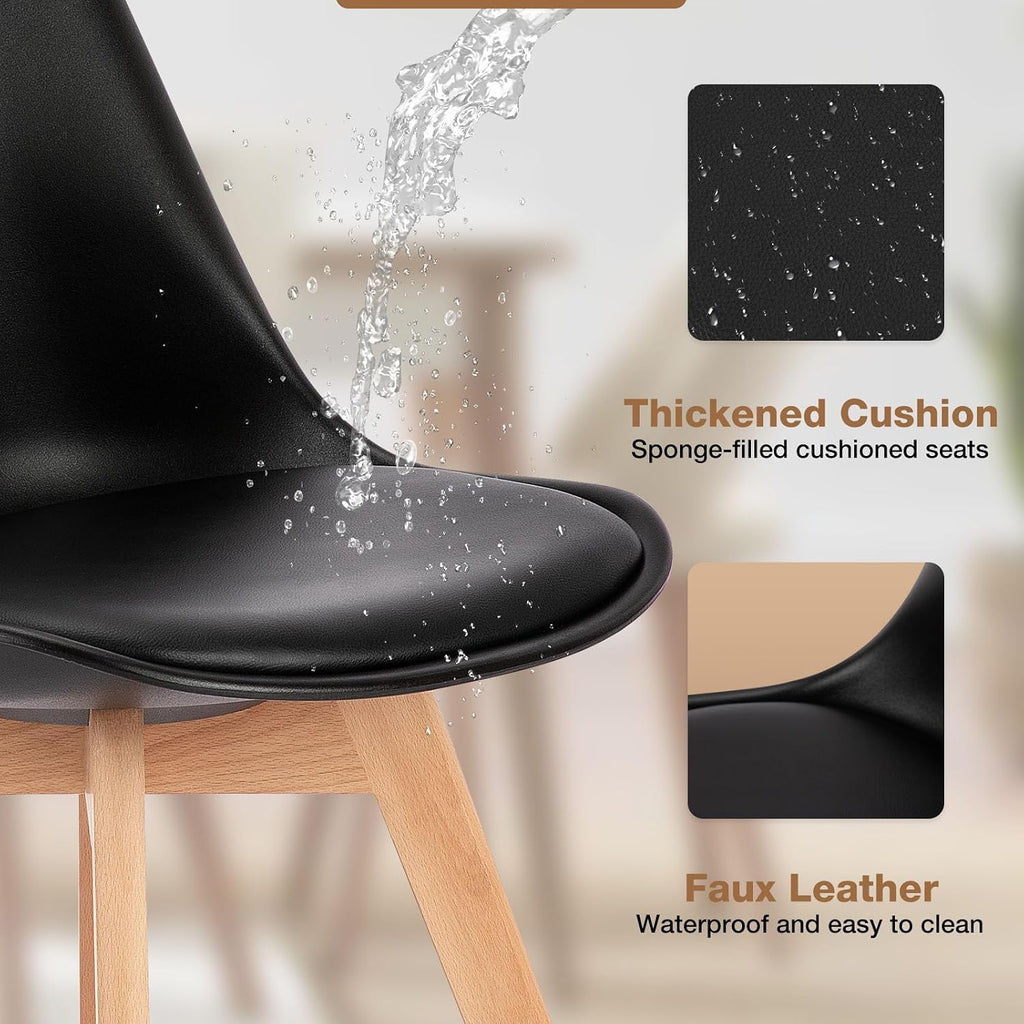 OLIXIS Set of 4 Dining Kitchen Mid-Century Modern Chairs with Wood Legs and PU Leather Cushion, Upholstered Seating for Living Room Bedroom Outdoor Lounge, Black