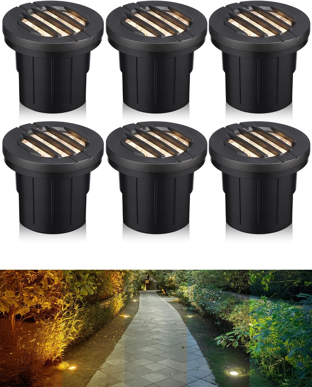 LEONLITE Dia. 4 Inch Well Lights Landscape LED In Ground, Grated Top, 5 Color Temperature Selectable, 12-24V AC/DC CRI90 Low Voltage Garden Landscaping, Black Aluminum Housing, Pack of 6