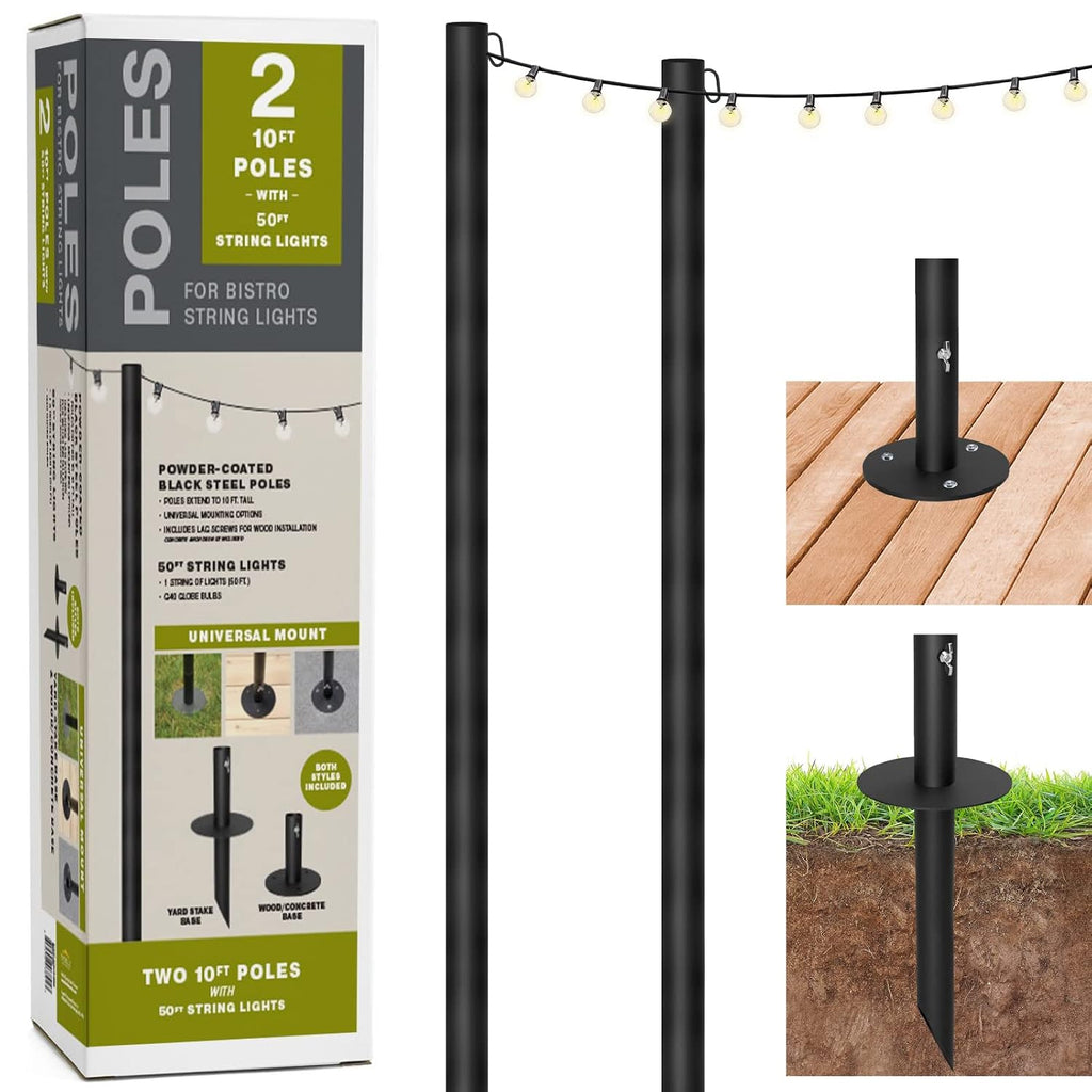 EXCELLO GLOBAL PRODUCTS Bistro String Light Poles - 2 Pack - Extends to 10 Feet - Universal Mounting Options Included with 50 ft. of G40 LED Lights (50 Lights)