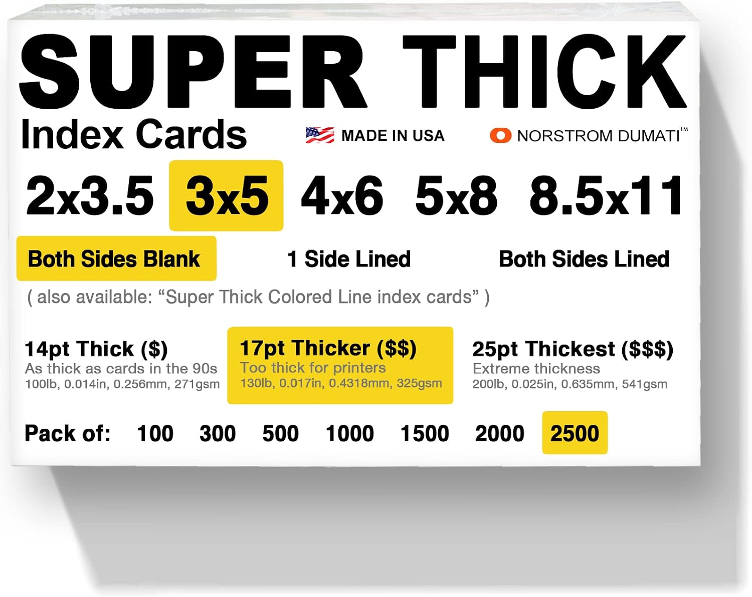 2,500 SUPER THICK index cards / 3'x5' / 17pt (0.017') 130lb / blank un-ruled/archival acid-free in bulk