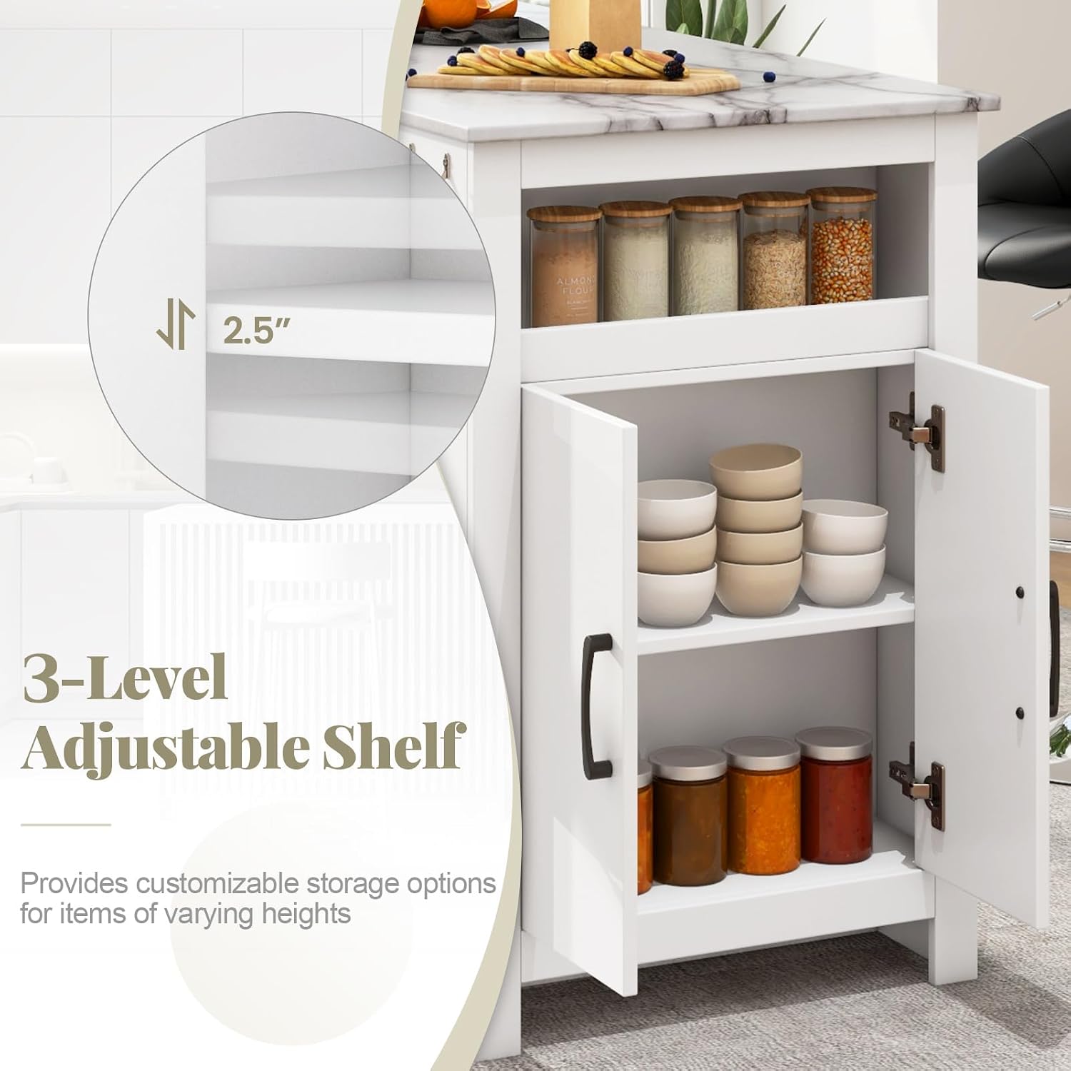 COSTWAY Bar Table, Modern Faux Marble Breakfast Table with 7 Hanging Hooks, Open Compartment, Storage Cabinet & Adjustable Shelf, Counter Height Dining Table for Kitchen, Dining Room, Living Room