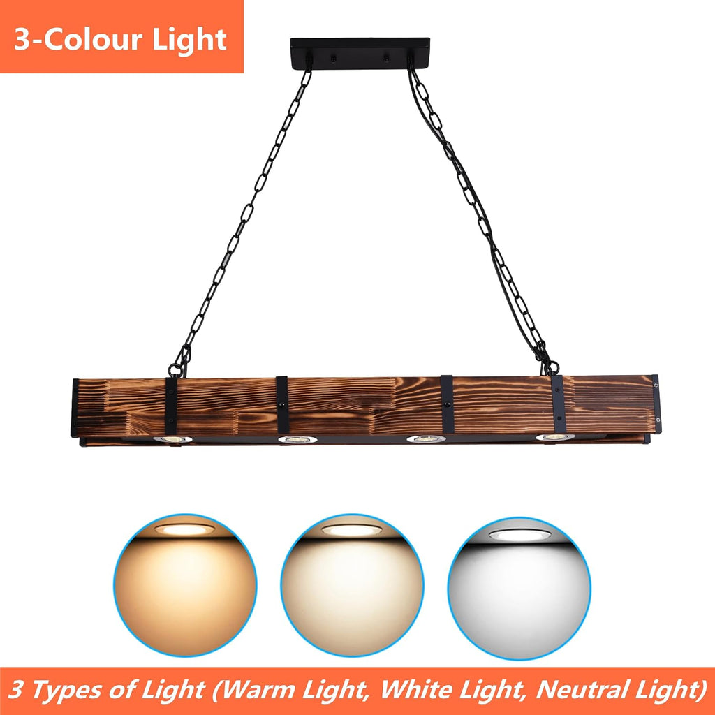 Farmhouse Wood Chandeliers,4 Lamp Dining Room Light Fixture, Pool Table Pendant Light Rustic Kitchen Island Lighting, Dining Room Chandelier Over Table 3 Color Light