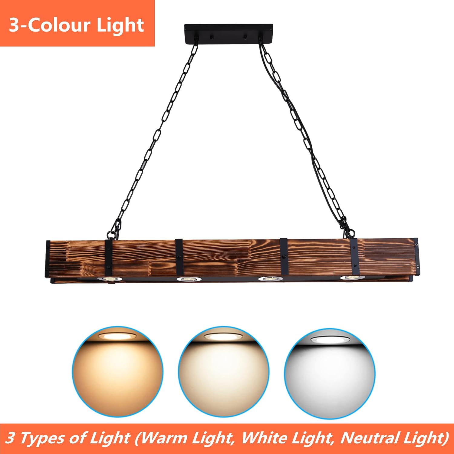 Farmhouse Wood Chandeliers,4 Lamp Dining Room Light Fixture, Pool Table Pendant Light Rustic Kitchen Island Lighting, Dining Room Chandelier Over Table 3 Color Light
