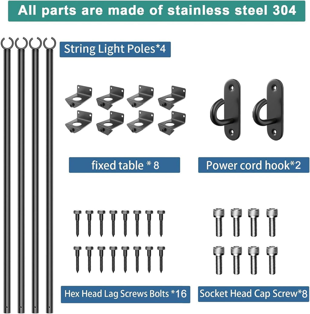 4Pack String Light Poles - Stainless Steel 6.5FT Deck Lights Poles with 4 wall Hooks for Outdoor Light, String Lights, with SS Screws for Wood Posts Deck Decor (Black)