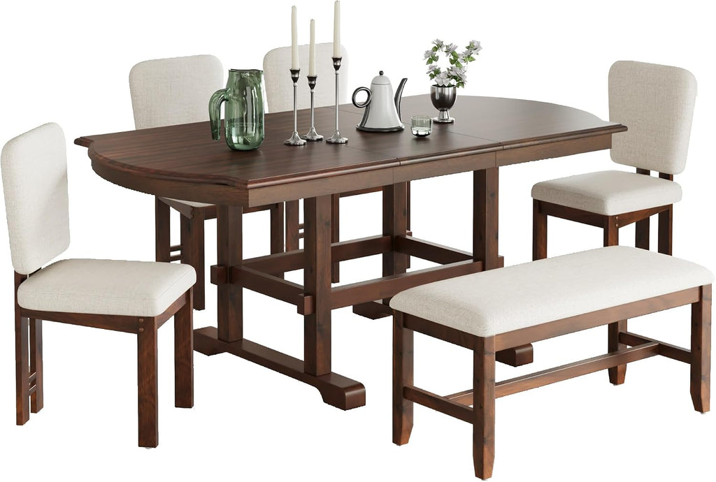 Merax 6 Pieces Dining Table Set, Extendable Wood Dining Room Set with Bench, Kitchen Table Set with Removable Leaf and 4 Upholstered Dining Chairs, Espresso+Beige