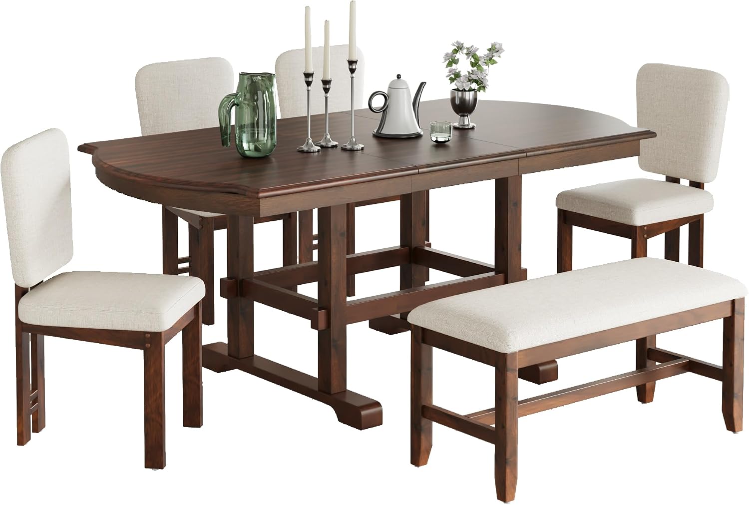 Merax 6 Pieces Dining Table Set, Extendable Wood Dining Room Set with Bench, Kitchen Table Set with Removable Leaf and 4 Upholstered Dining Chairs, Espresso+Beige