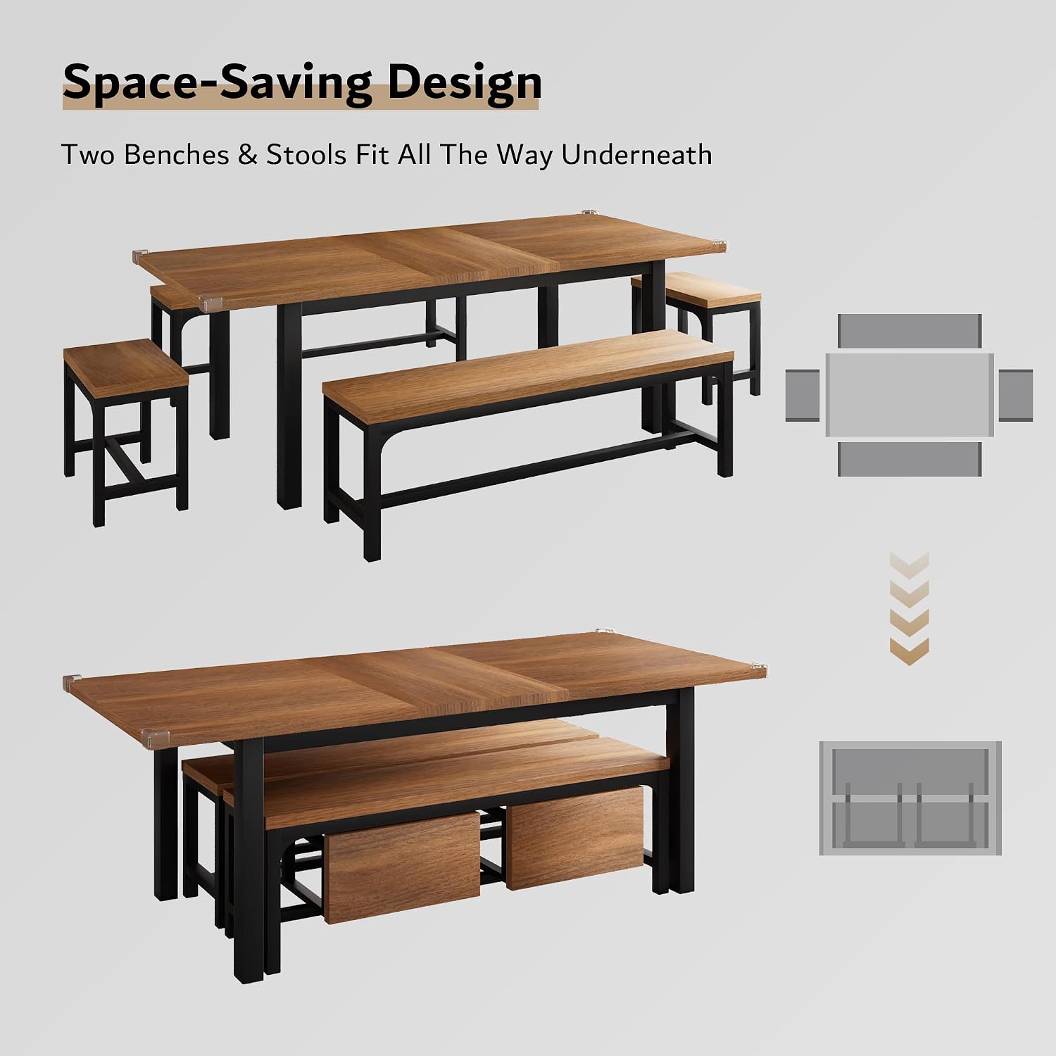 iPormis 5-Piece Dining Table Set for 4-8 People, Extendable Kitchen Table Set with 2 Benches and 2 Square Stools, Mid-Century Dining Room Table with Metal Frame & MDF Board, Saving Space, Walnut