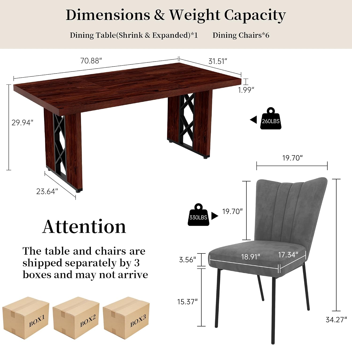 HIPIHOM 7-Piece Dining Table Set for 6 People, 70.8' MDF Kitchen Table with 6 Velvet Chairs, Space-Saving for Dining Room, Breakfast Nook(Walnut Table+6 Grey Chairs)