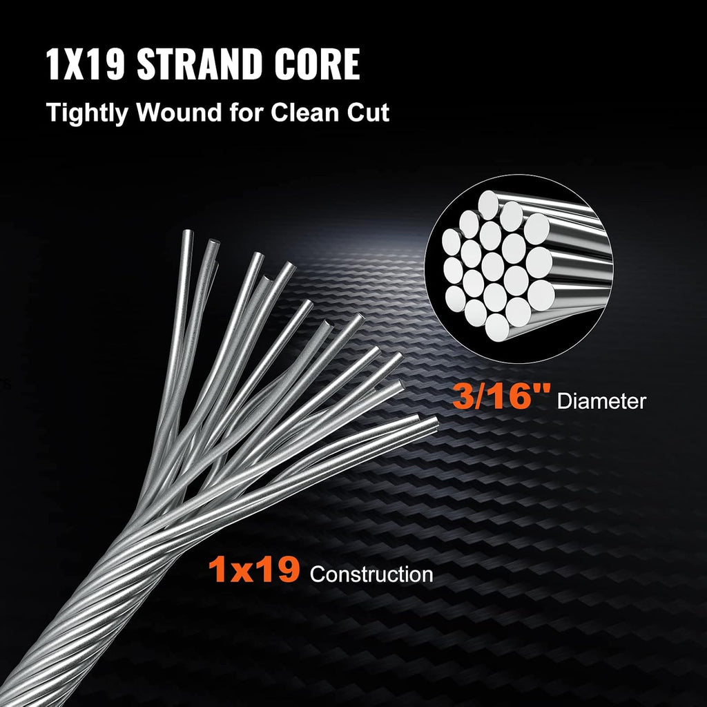 VEVOR 3/16 Stainless Steel Wire Rope 500ft, T316 Steel Wire Cable, Deck Railing 1x19 Strands Construction, 4200LBS Breaking Strength for Stair Handrail Clothesline