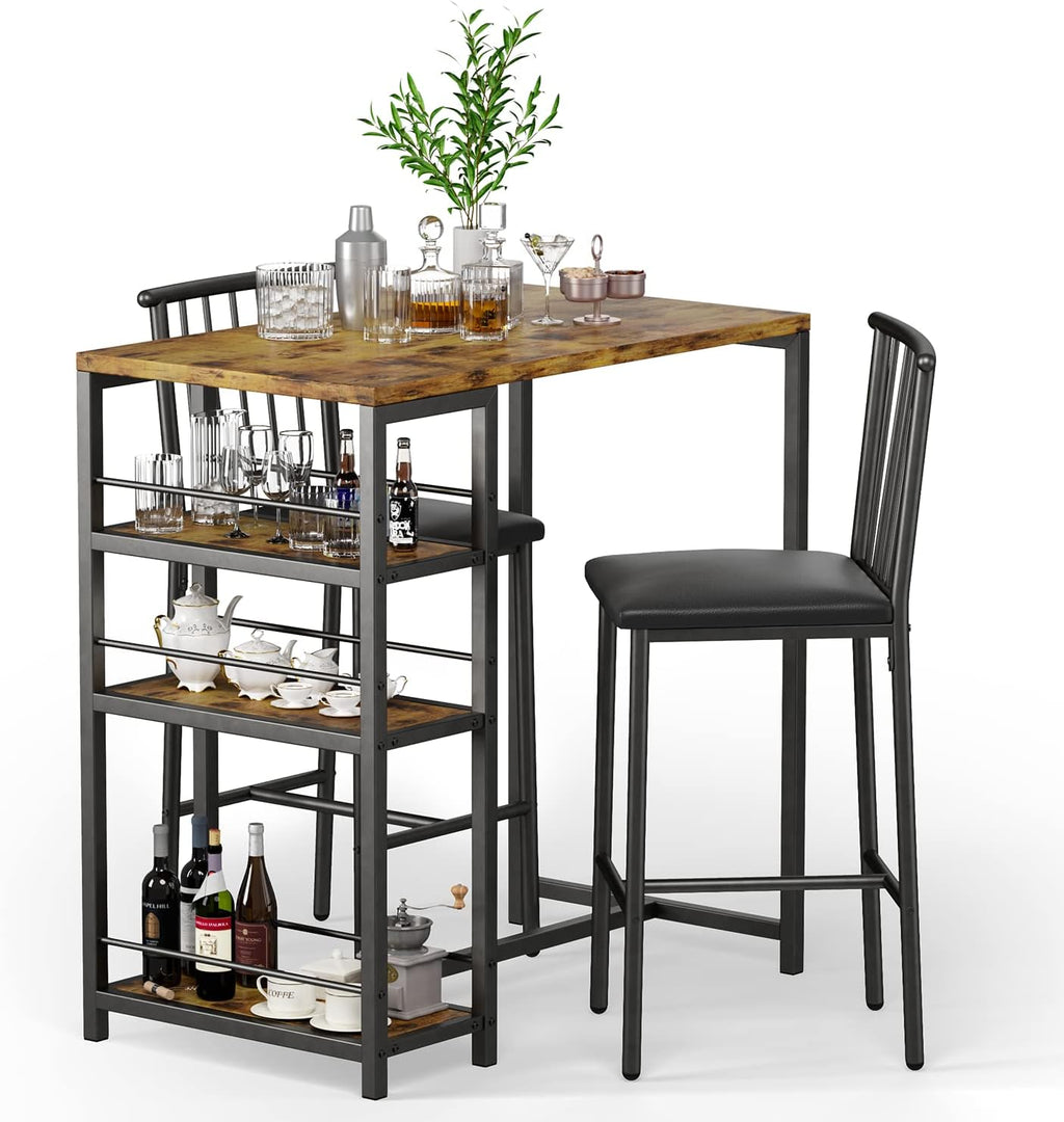 Gizoon Dining Table Set for 2 with 3 Storage Shelves, Kitchen Table and Chairs for 2 with Pu Cushion Chairs & Thick Wood Top, 3 Piece Dining Table Set for Small Space, Apartment - Retro