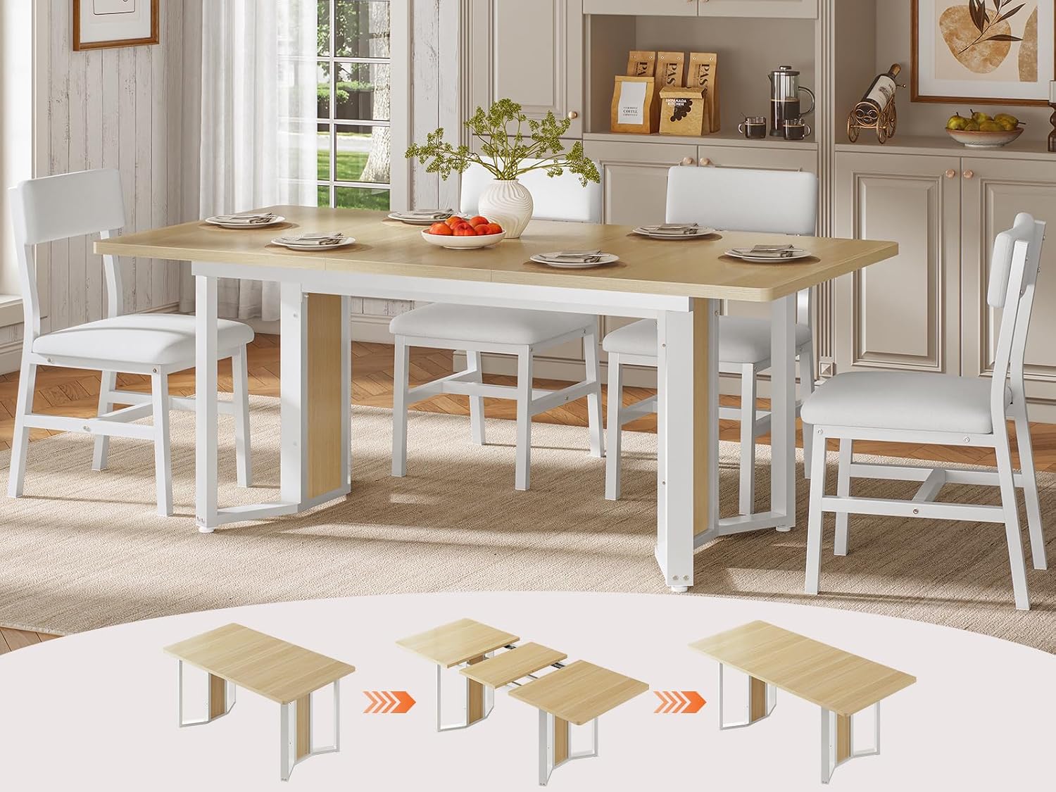 Itaar 5-Piece Dining Table Set for 4-6 People, 63' Extendable Kitchen Table and 4 Cushion Chairs, Dining Room Table with MDF Board & Metal Frame for Small Space, Easy Clean, Natural