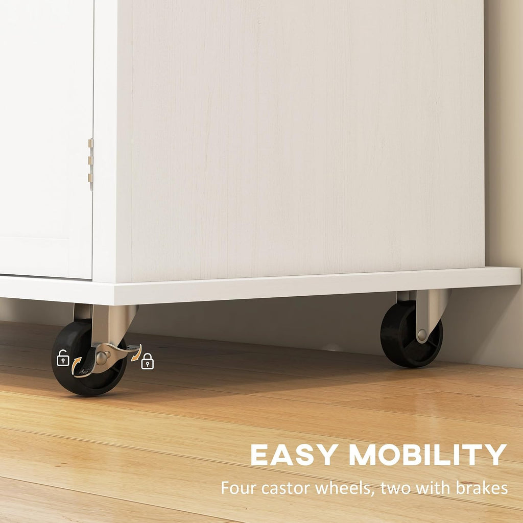 HOMCOM Kitchen Island Cart with Solid Wood Top, 44' Mobile Kitchen Island Table on Wheels with Storage Cabinets, 2 Drawers, Adjustable Shelves, Spice Rack & Towel Bar for Dining Room, Distressed White