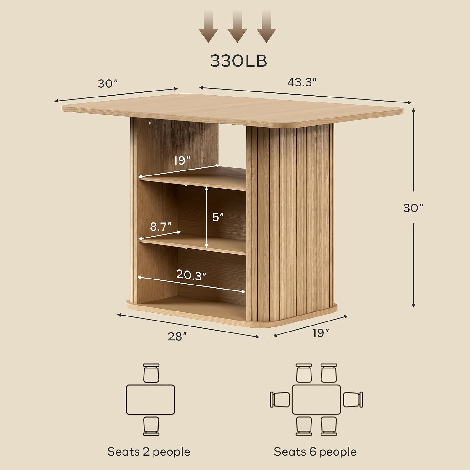 FUQARHY Dining Table for 4, Small Rectangular Kitchen Table for 2 with 3-Tier Storage Shelf, Farmhouse Modern Fluted Wood Table (Oak)