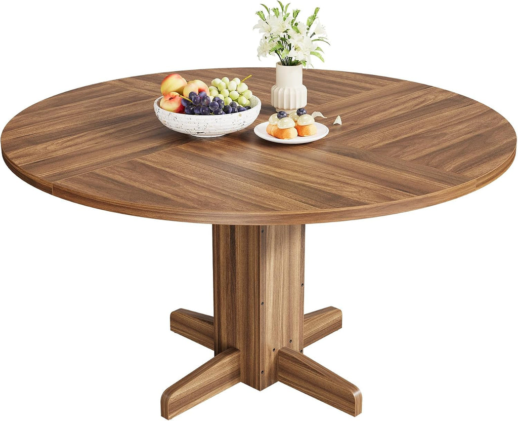 IDEALHOUSE Round Dining Table for 4-6 People, 47' Wood Kitchen Table with Sturdy Pedestal Base, Farmhouse Circle Dinner Tables for Dining Room, Living Room, Apartment, Walnut