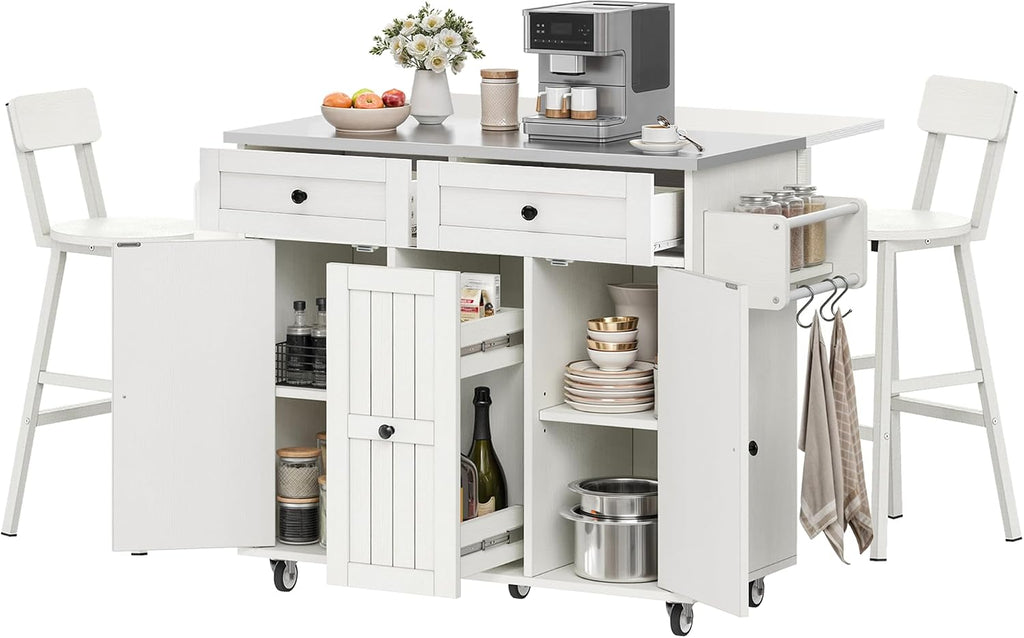 DWVO Kitchen Island with Seating, Mobile Kitchen Storage Island with Drop Leaf Countertop, Large Kitchen Island Table with Drawers, Cabinets, Bar Stools, Towel Rack and Spice Rack, White
