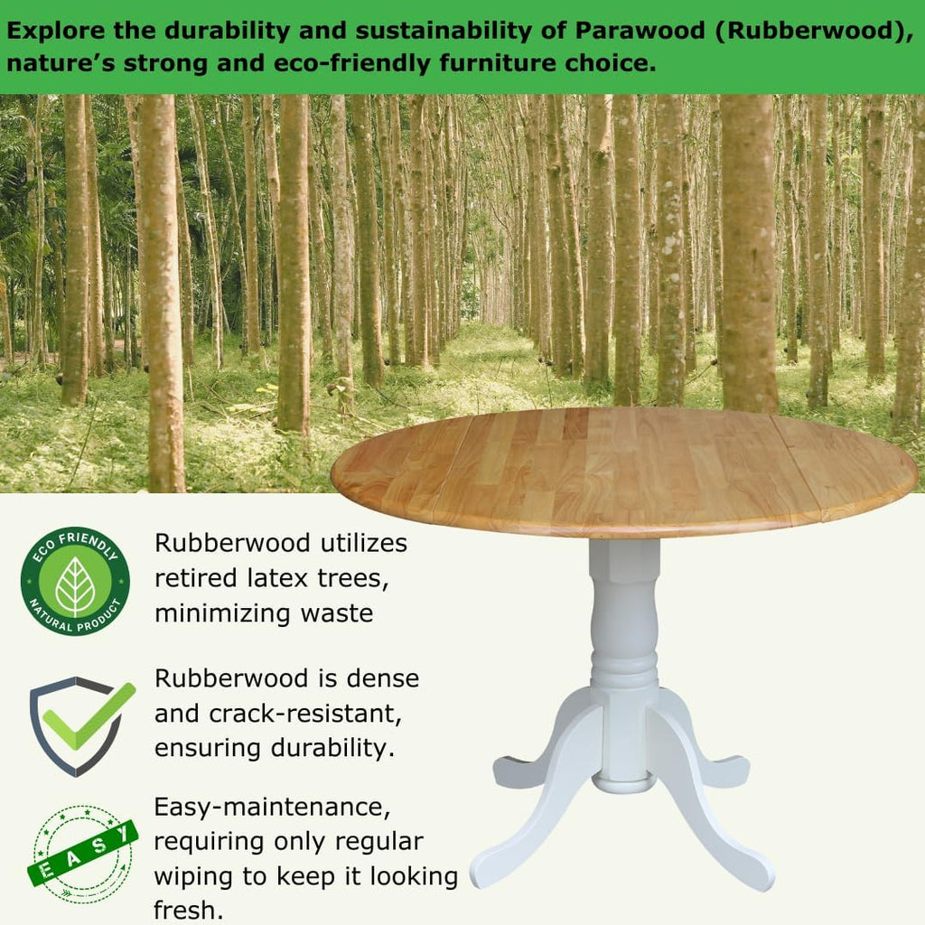 42' Round Dual Drop Leaf Pedestal Dining Table, Solid Wood, Easy Assembly, 20mm Top Thickness, Kitchen/Dining Room, Includes Two 9' Drop Leaves, Durable Parawood Construction, Unfinished