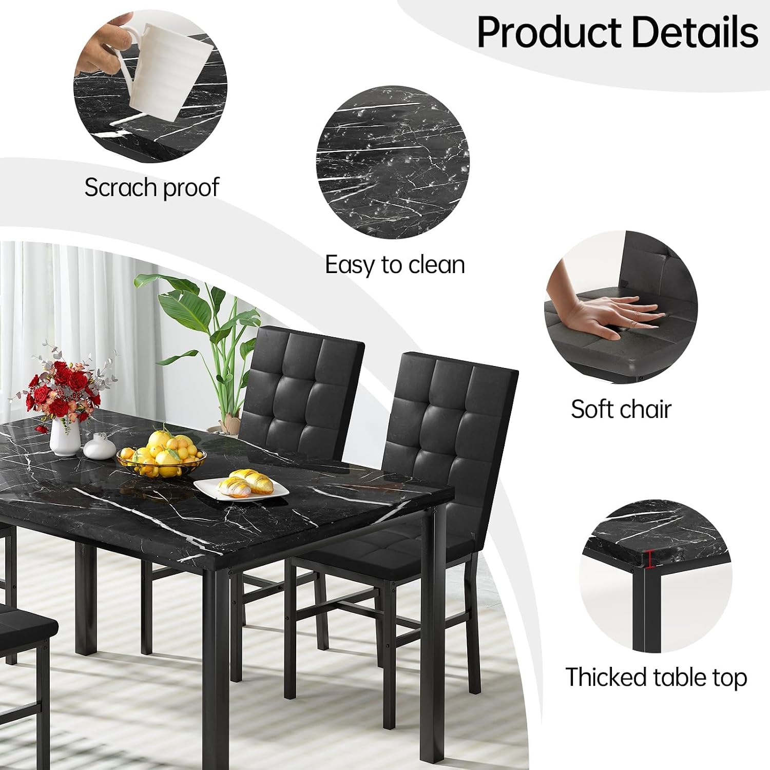Hooseng Kitchen Table Set 5 Piece Dining Room Table Set Marble Dining Table 4 Chair Dining Table Set for Kitchen Living Room Breakfast Small Spaces (Black)