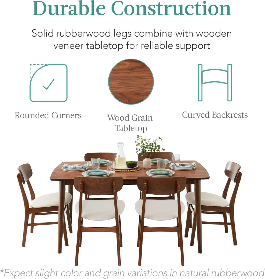 Best Choice Products 7-Piece Wooden Dining Room Table Set, Mid-Century Modern, Kitchen Table w/ 6 Chairs, Upholstered Cushions, Curved Backrests, Rounded Table Corners - Walnut/Cream