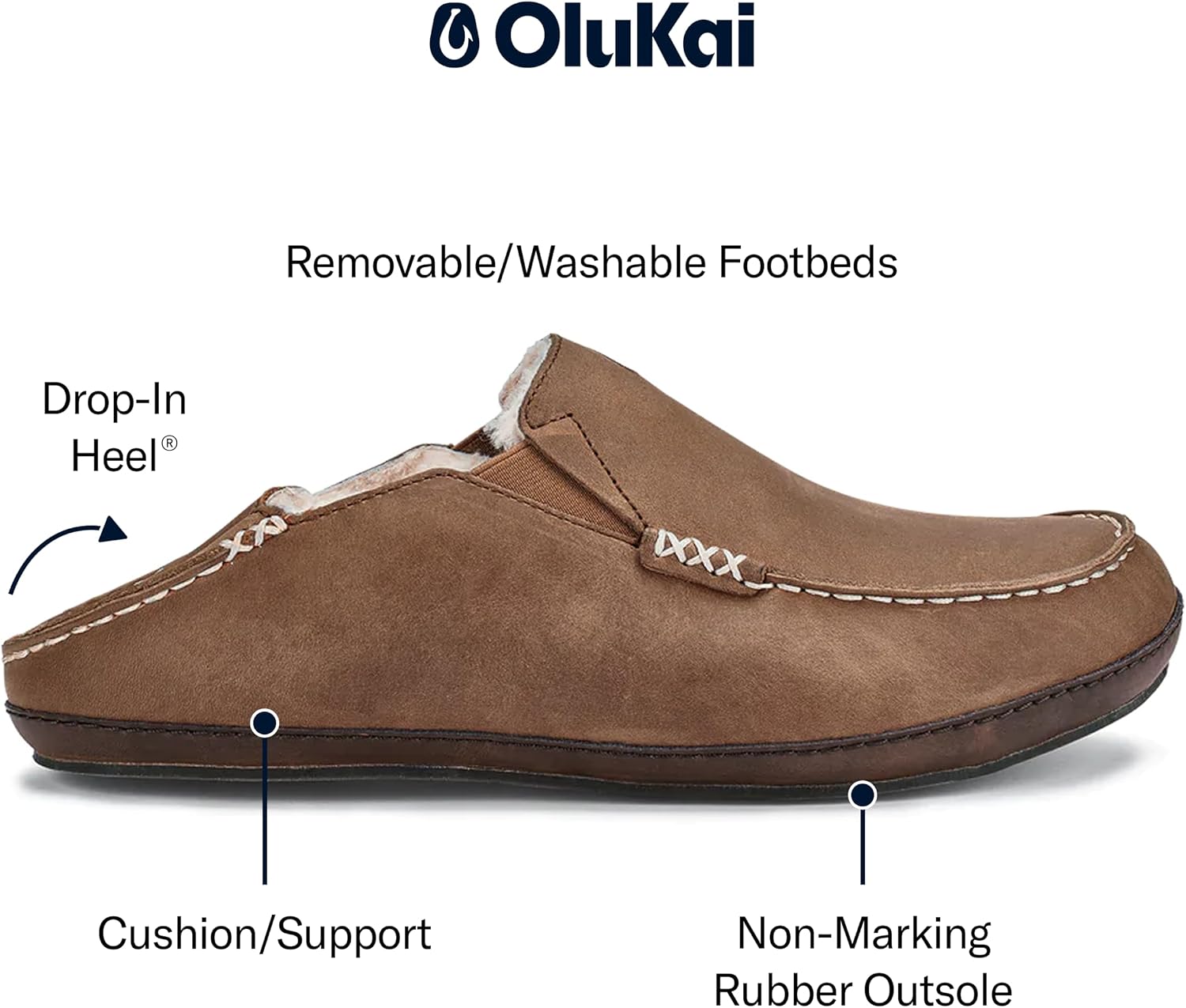 OLUKAI Moloa Slipper, Men's Premium Leather Slip-On Shoes, Soft Genuine Shearling Lining & Gel Insert, Drop-In Heel & All-Day Comfort