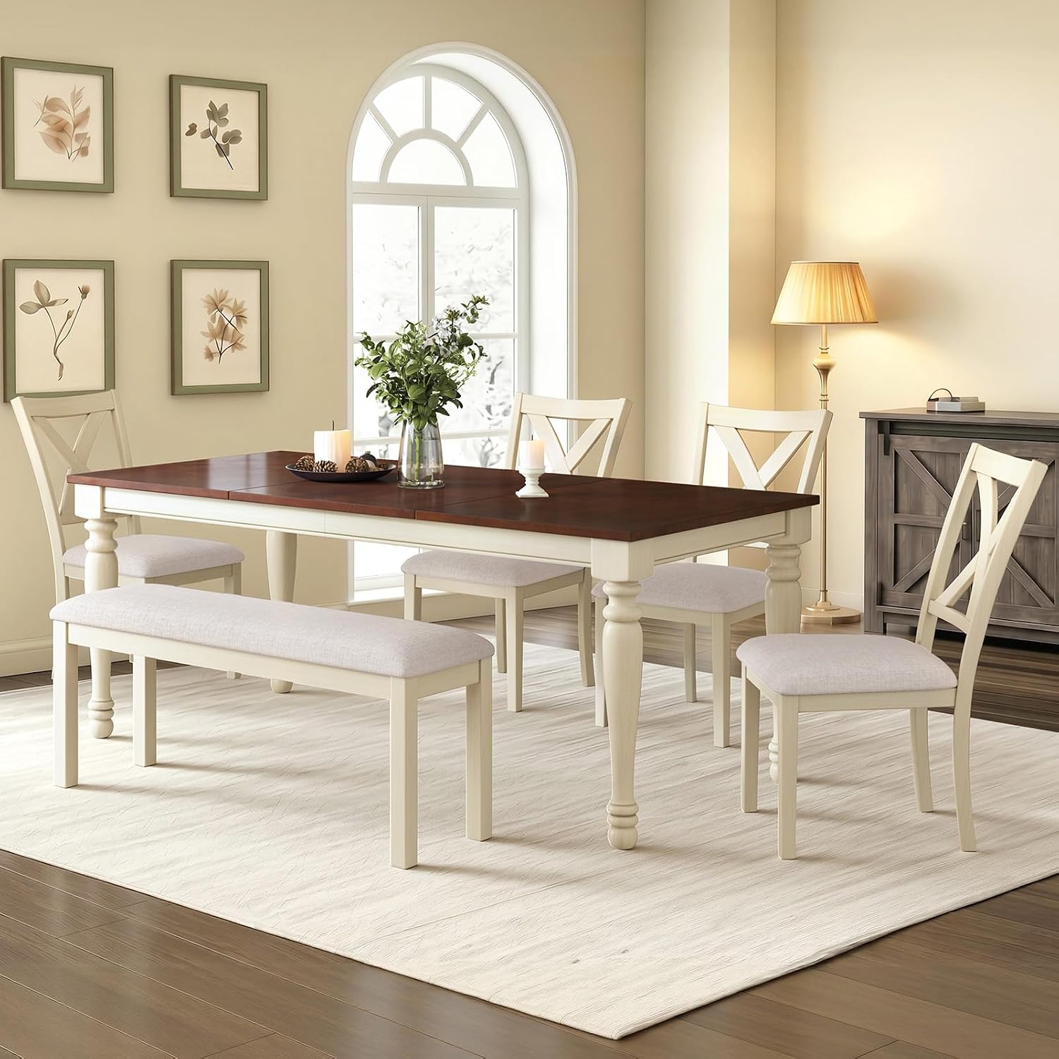 LUXOAK 6-Piece Solid Wood Dining Table Set, 71' Farmhouse Kitchen Table with 4 Upholstered Chairs and Bench, Large Dining Room & Kitchen Furniture Set, Cream White