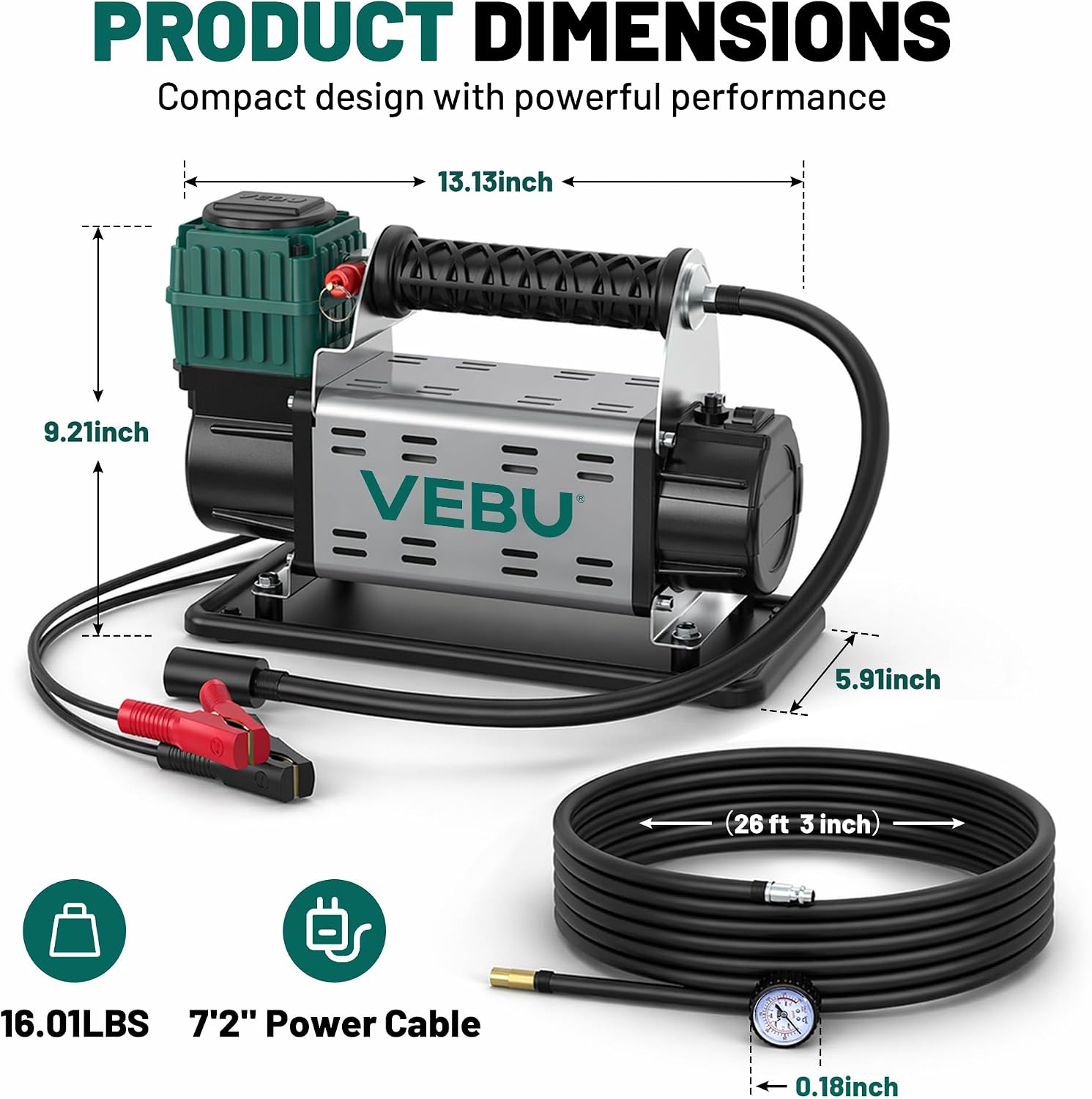 12V Air Compressor, 125PSI Tire Inflator with In-line Pressure Gauge, 5.65CFM Fast Inflation for Off-road Vehicles, Trucks, SUVs, RVs, ATVs, DC Power, Corded Electric