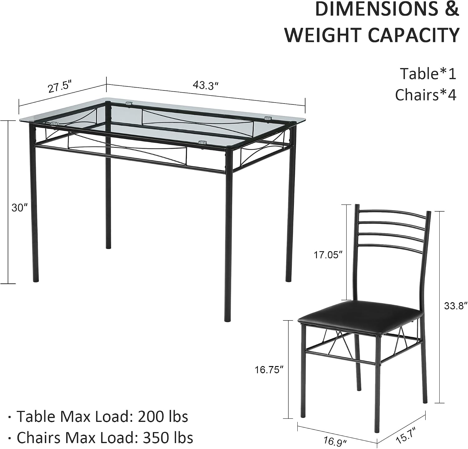 VECELO Kitchen Dining Table and Chairs Set for 4, Padded Seat & Glasses Tabletop, Space Saving, Matte Black