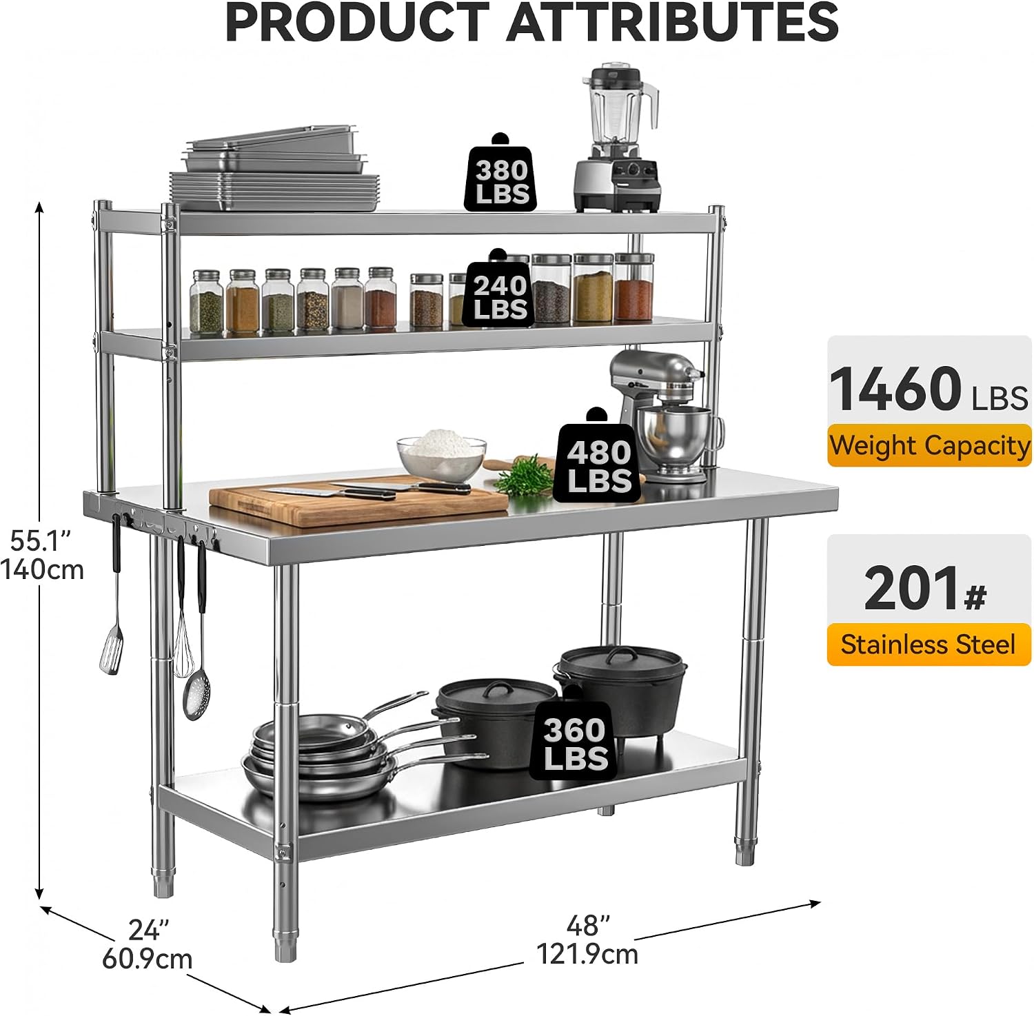 DWVO 48x24in Stainless Steel Table, NSF Metal Prep Worktable with Adjustable Overshelf for Kitchen Restaurant Hotel Garage Warehouse Home