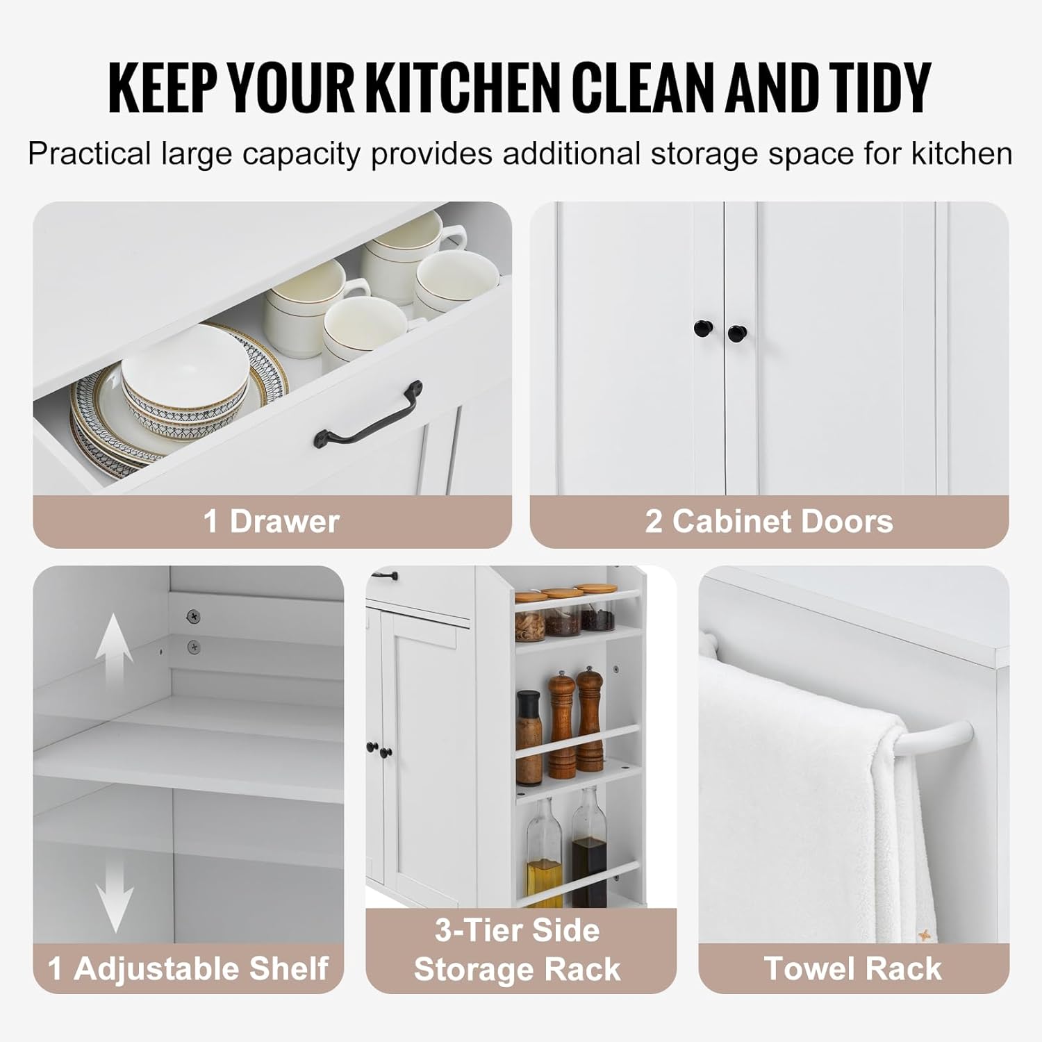 VEVOR Kitchen Island Cart, 32' Mobile Carts with Storage Cabinet, Rolling Table with Power Outlet, Spice Rack, Towel Bar, Adjustable Shelf, Drawer, Dining Living Room Portable Islands on Wheels, White