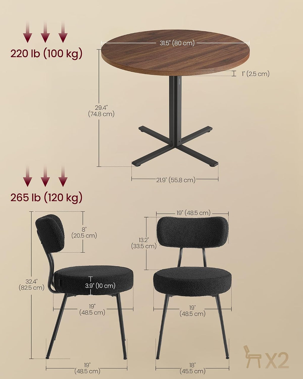 VASAGLE Dining Table Set, Round Dining Table with 2 Upholstered Kitchen Chairs, for Small Spaces, Kitchen, Living Room, Steel Frame, Modern Style, Somber Walnut and Ink Black UZH2507009