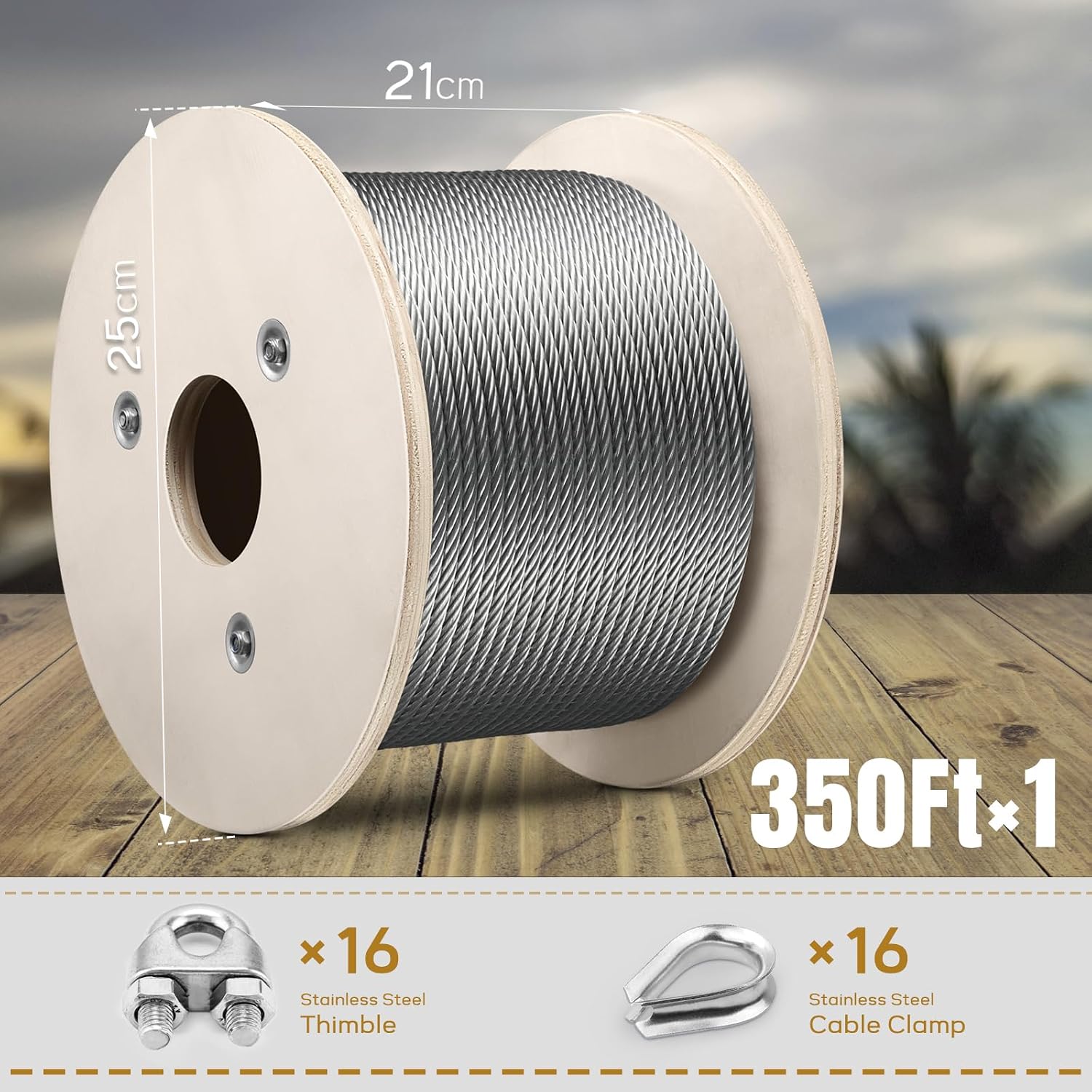 1/4' Stainless Steel Cable, 350FT Wire Rope Aircraft Cable with Cable Clamps and Thimbles for Backyard Zipline, String Lights and Deck Railing, 6x37 Strands Construction