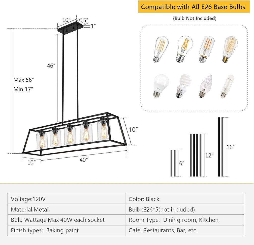 Kitchen Island Lighting,5-Light Black Chandeliers for Dining Room Light Fixtures Over Table, Farmhouse Rectangle Chandelier Island Lights for Kitchen with Cylinder Clear Glass