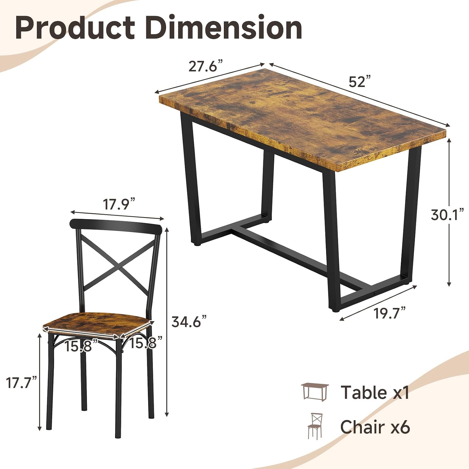 Zevemomo 7-Piece Dining Table with Chairs Set, Rectangular Metal Frame Table with 6 Chairs, Kitchen Table Chairs Set of 6, Wooden Farmhouse Dining Table Set for Dining Room and Living Room, Brown