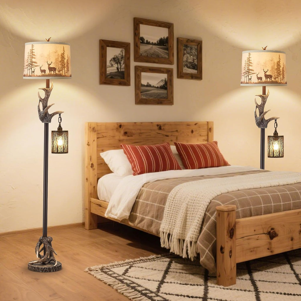 Rustic Deer Antlers Floor Lamps with Forest-Style Nightlight Finish Shade Lamps, Vintage Farmhouse Antlers Floor Lamp for Living Room Bedroom Office Study House (Bulbs Included)